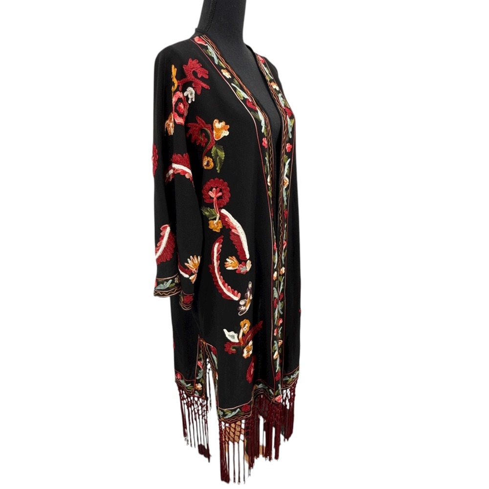 Zara Womens Black Embroidered Kimono Duster Cardigan Fringe Boho Festival M L - Picture 6 of 9